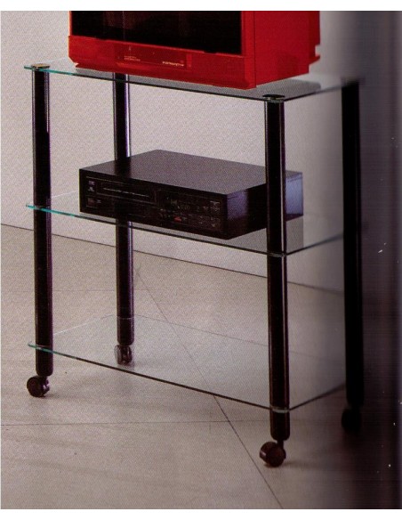 Porta tv moderno piedi legno naturale o bianco o nero e piani vetro e ruote