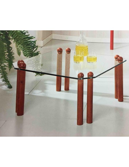 Tavolino salotto quadrato con piedi in legno bianco, nero, noce, rosso e vetro