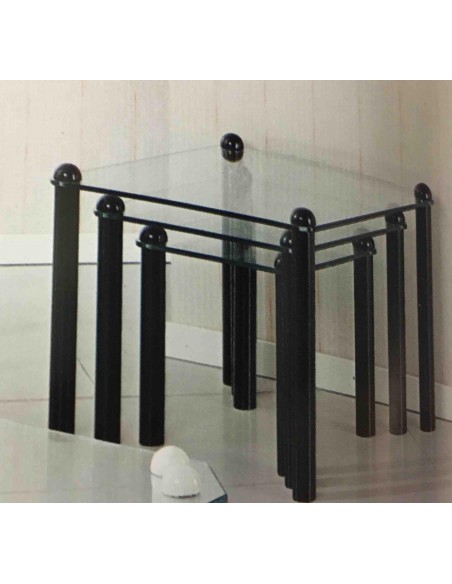 Tavolino salotto tris quadrato piedi in legno bianco, nero, rosso e piano vetro