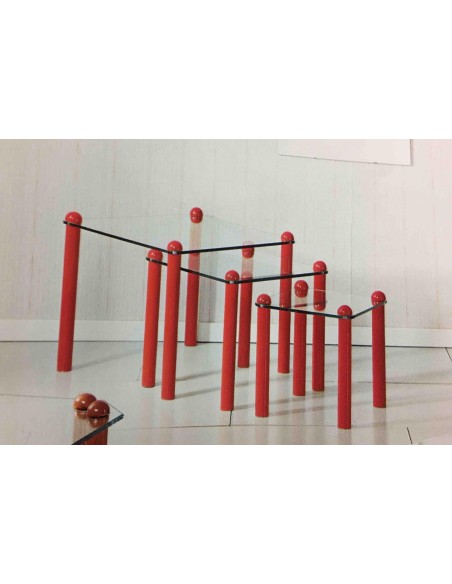 Tavolino salotto tris quadrato piedi in legno bianco, nero, rosso e piano vetro