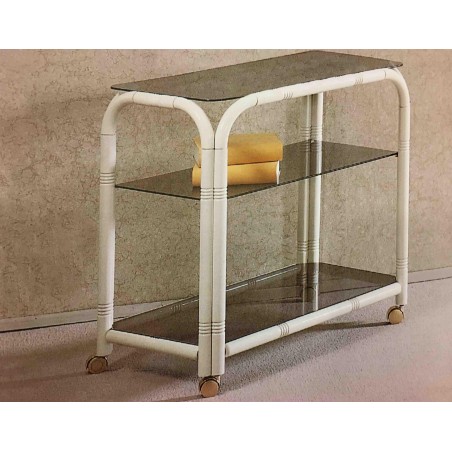 Carrello porta tv moderno in legno noce, bianco o nero con 3 piani in vetro.