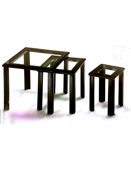 Tavolino da salotto tris legno laccato nero e piani in vetro 
