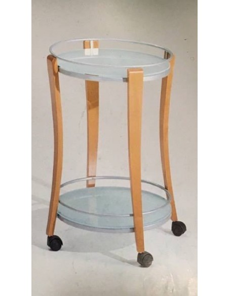 Carrello portavivande rotondo colore ciliegio con piani vetro