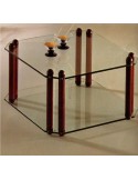 Tavolino da salotto moderno quadrato piani in vetro e piedi in legno laccato bianco o rosso.