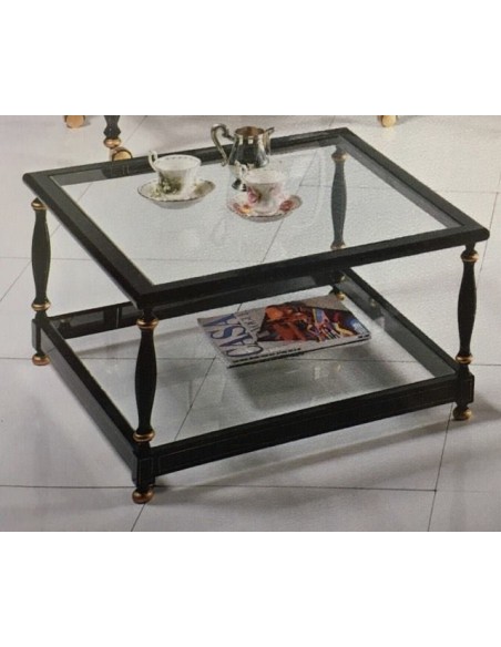Tavolino da salotto quadrato in legno laccato bianco o nero e 2 piani vetro