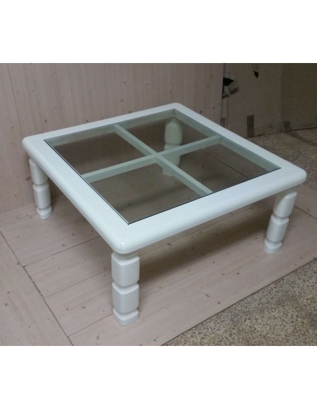 Tavolino da salotto quadrato in legno laccato bianco o nero e piano vetro