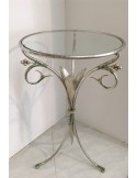 Tavolino in ferro battuto finitura foglia argento e piano vetro