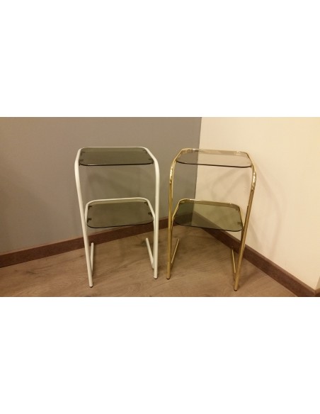 Tavolino porta telefono in metallo ottonato o bianco e vetro